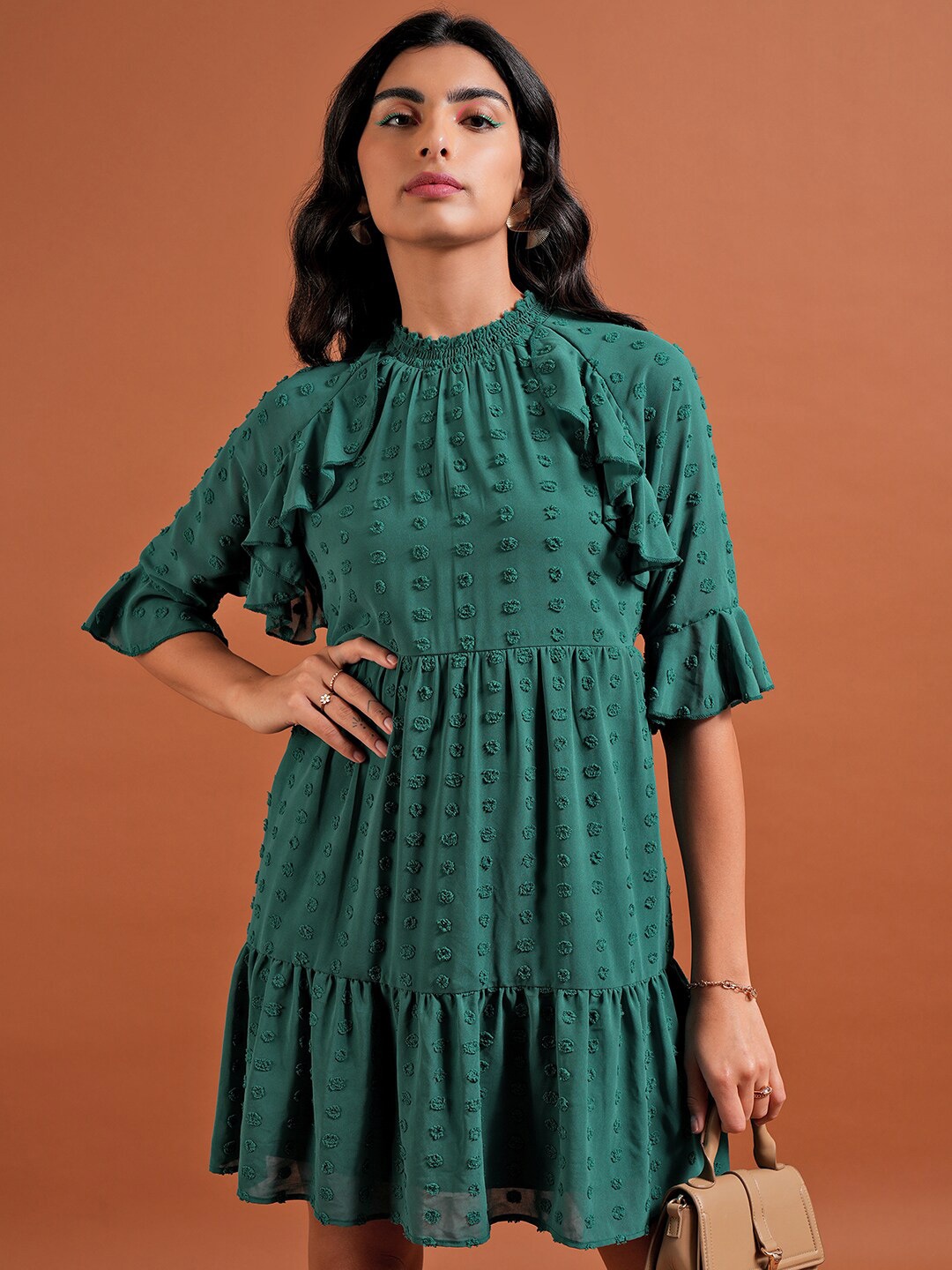 

Tokyo Talkies Green Self Design Bell Sleeves Ruffles A-Line Dress