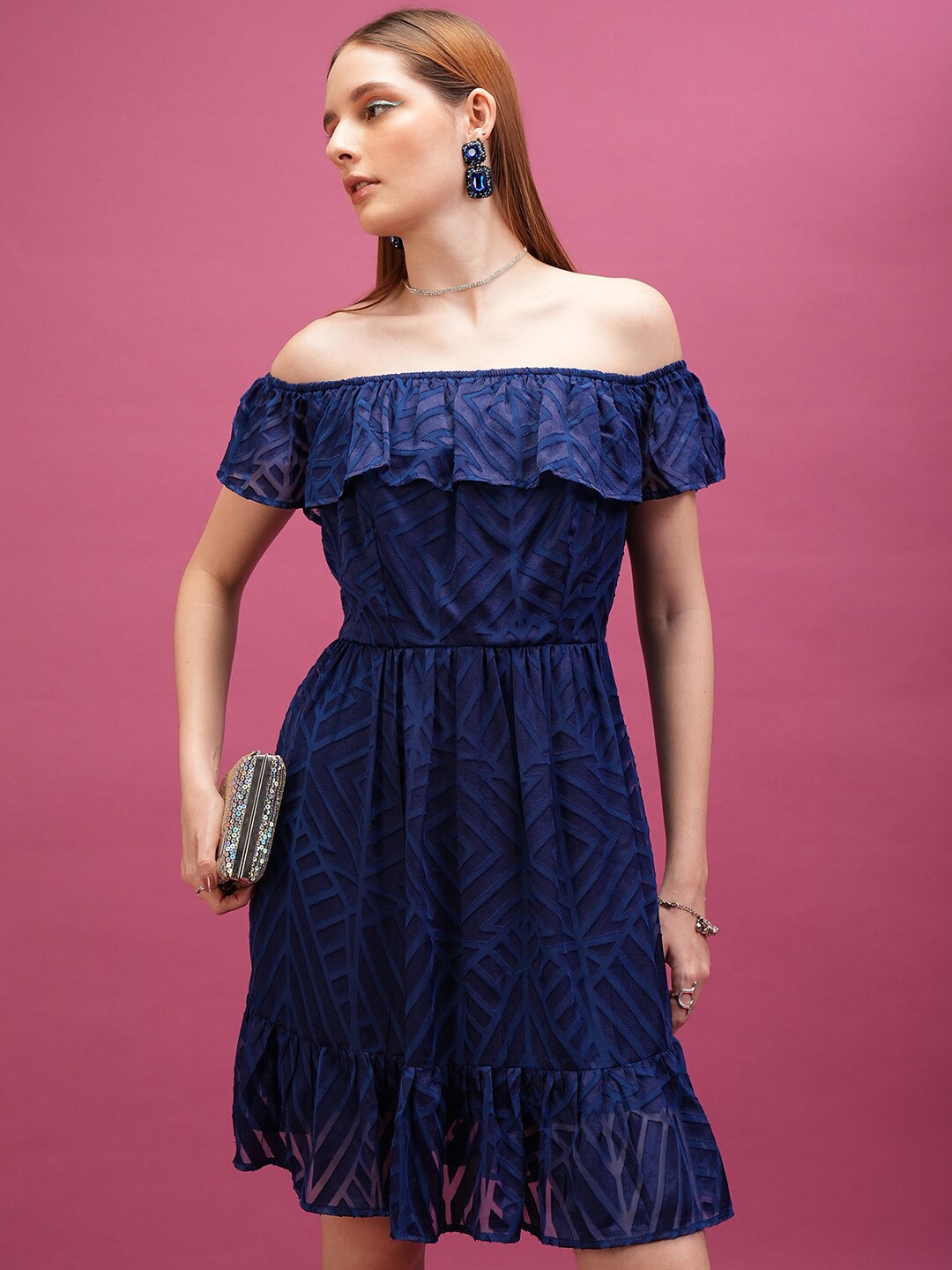 

Tokyo Talkies Navy Blue Geometric Printed Off-Shoulder Fit & Flare Dress