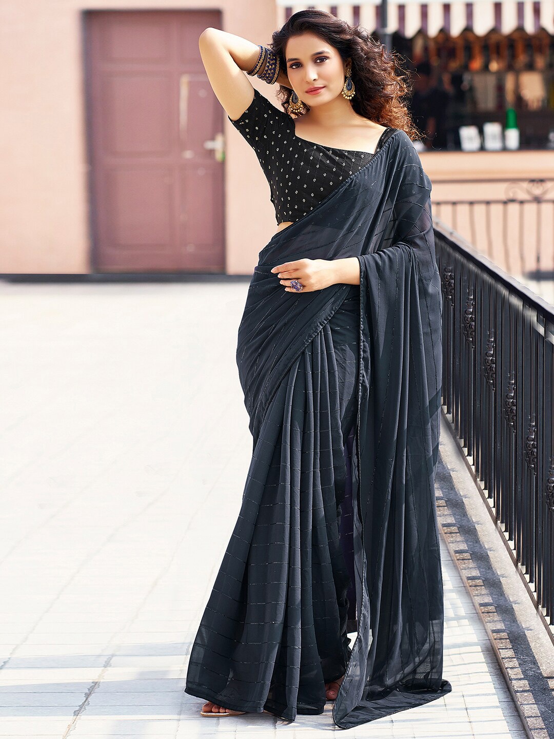 

Satrani Striped Sequined Saree, Grey