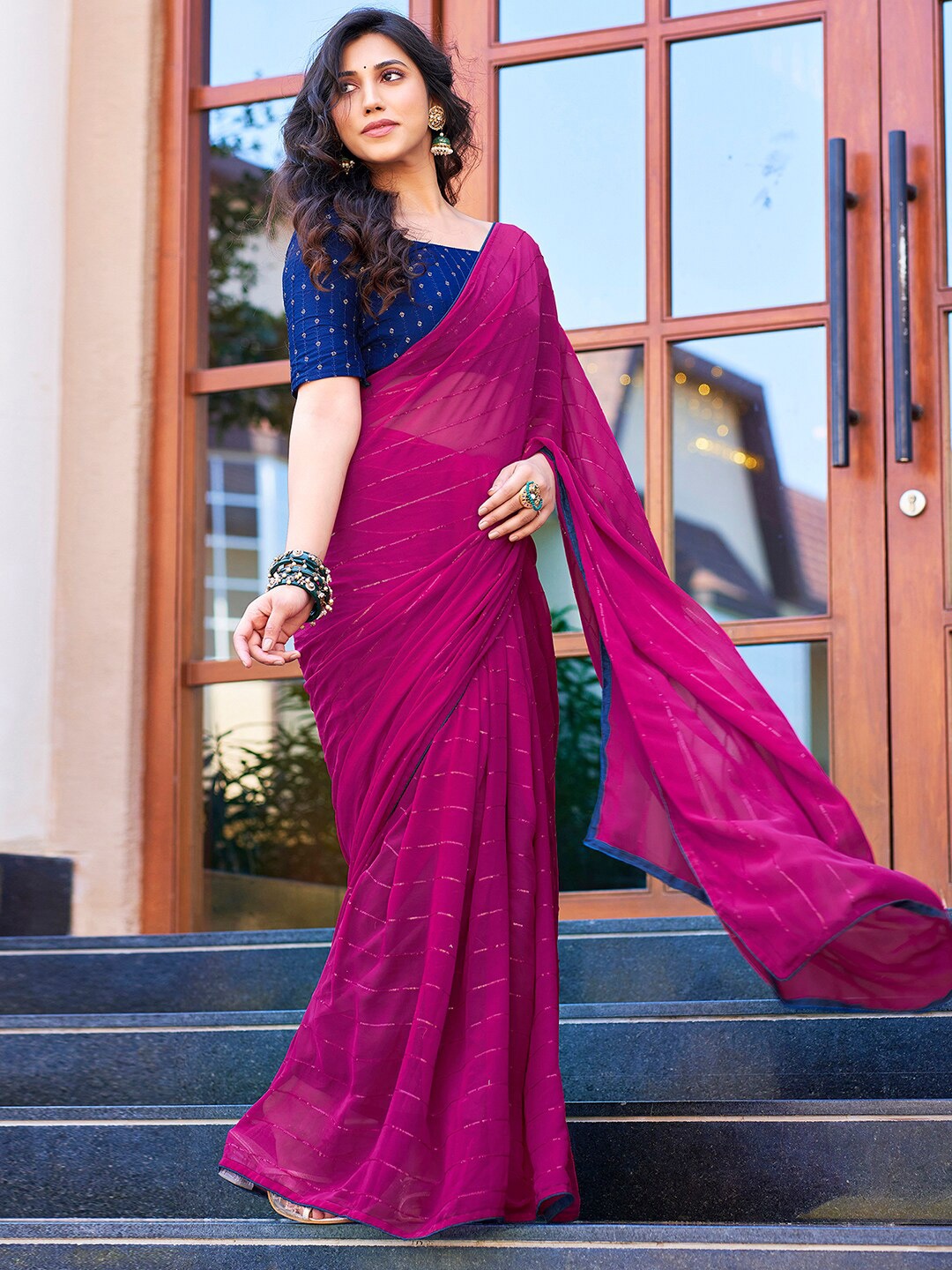 

Satrani Striped Sequined Saree, Pink