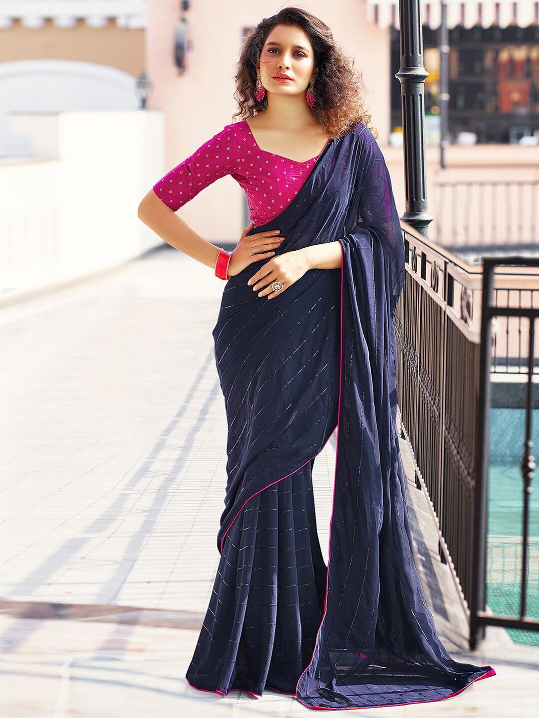

Satrani Striped Sequined Saree, Blue