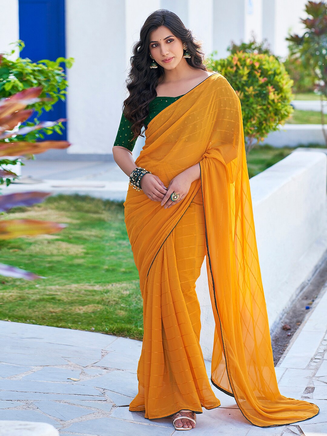 

Satrani Striped Sequinned Saree, Mustard
