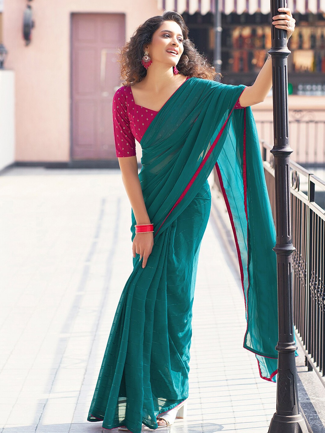 

Satrani Striped Sequined Saree, Green