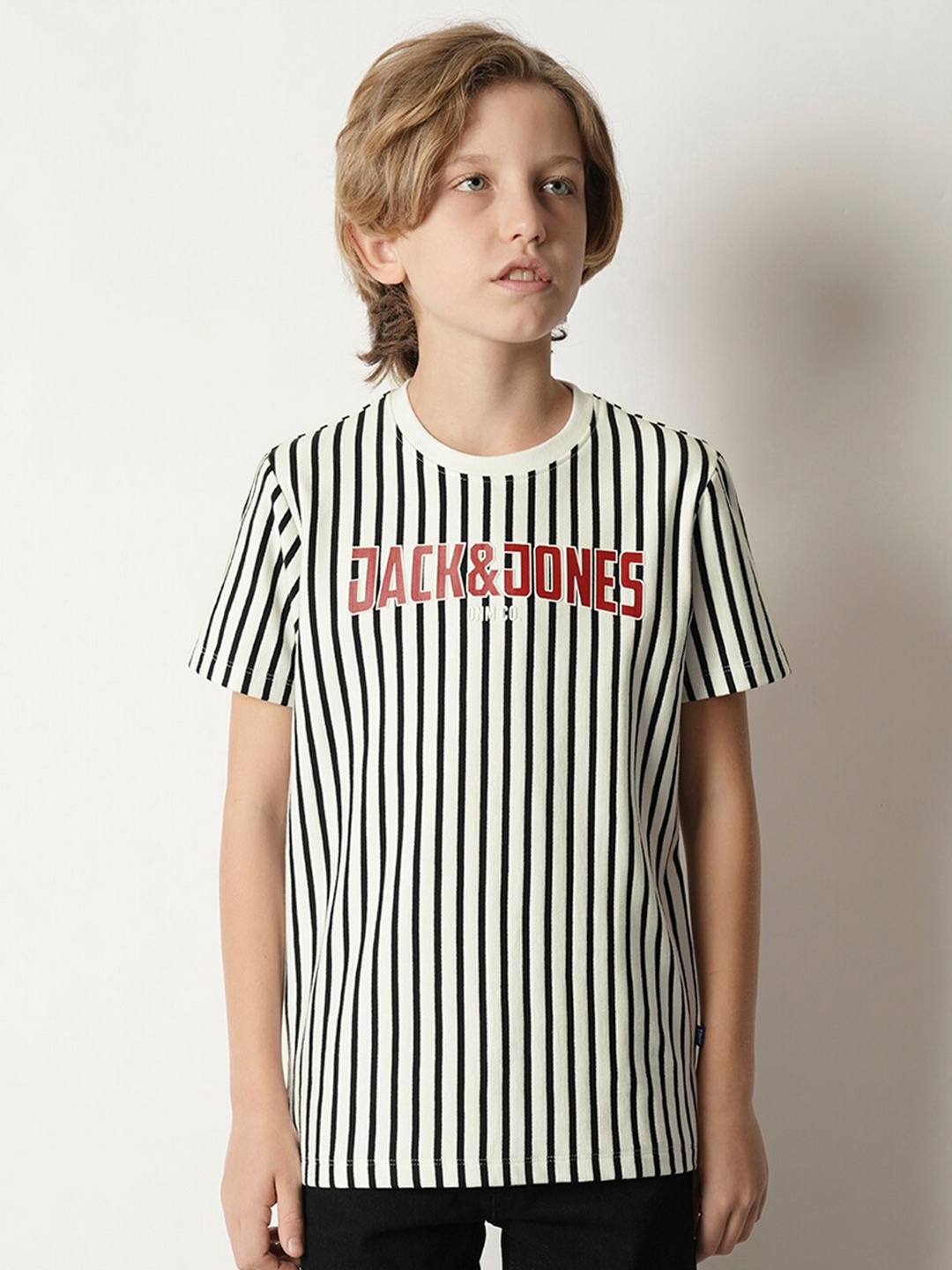 

Jack & Jones Junior Boys Striped Pure Cotton T-shirt, White