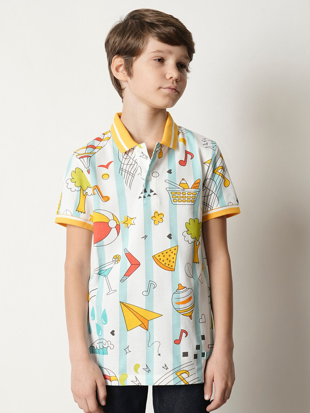 

Jack & Jones Junior Boys Conversational Printed Polo Collar Pure Cotton T-shirt, White