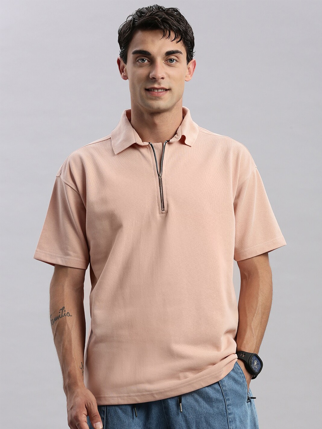 

MADSTO Polo Collar Drop-Shoulder Sleeves Cotton Oversized T-shirt, Rose