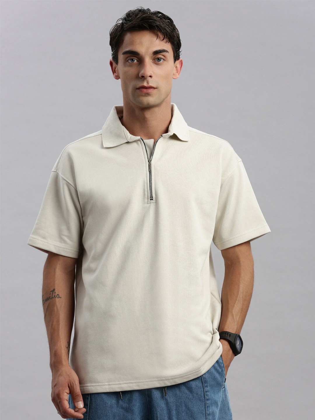 

MADSTO Polo Collar Drop-Shoulder Sleeves Cotton Oversized T-shirt, Beige