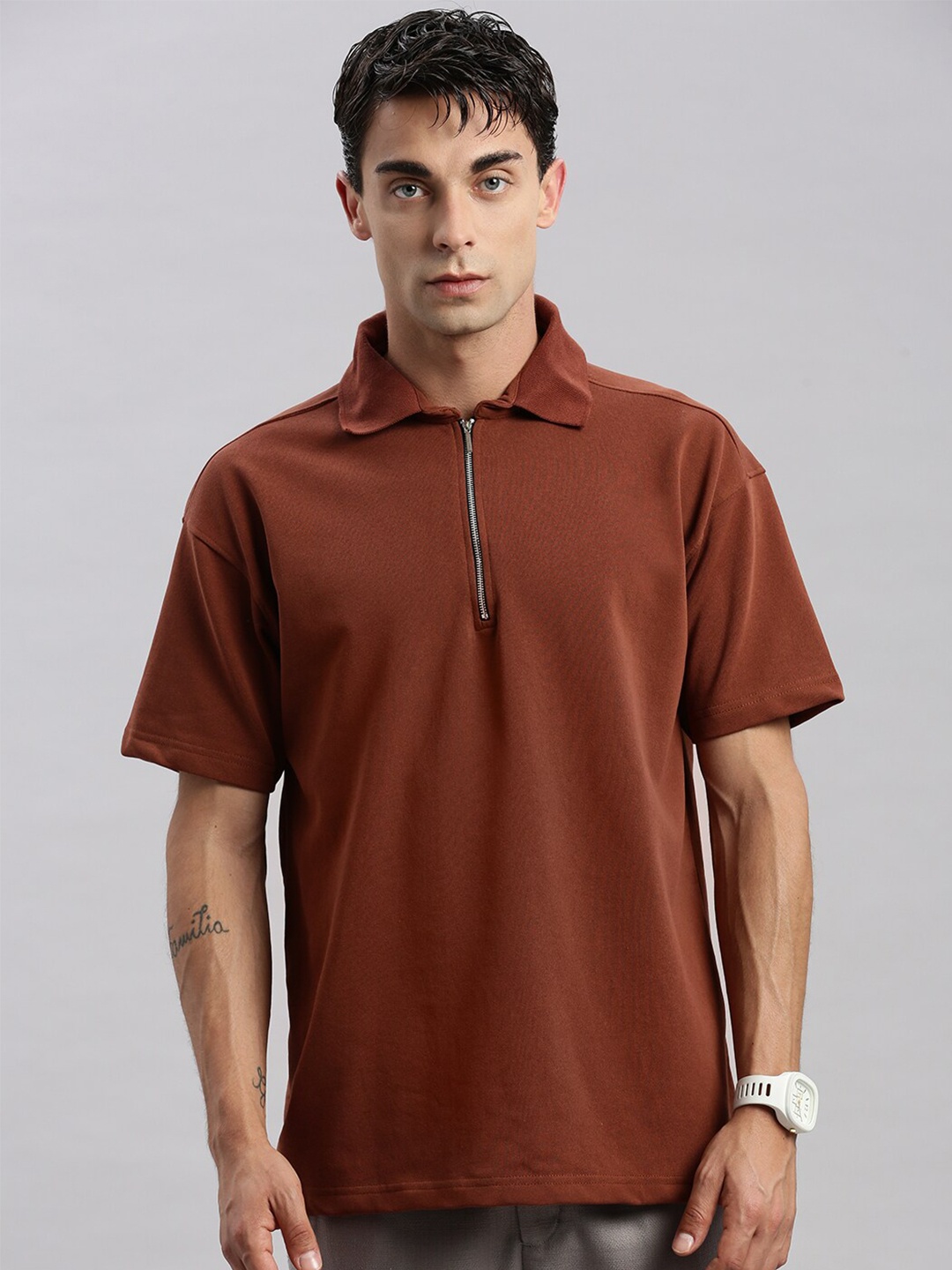 

MADSTO Polo Collar Drop-Shoulder Sleeves Cotton Oversized T-shirt, Brown