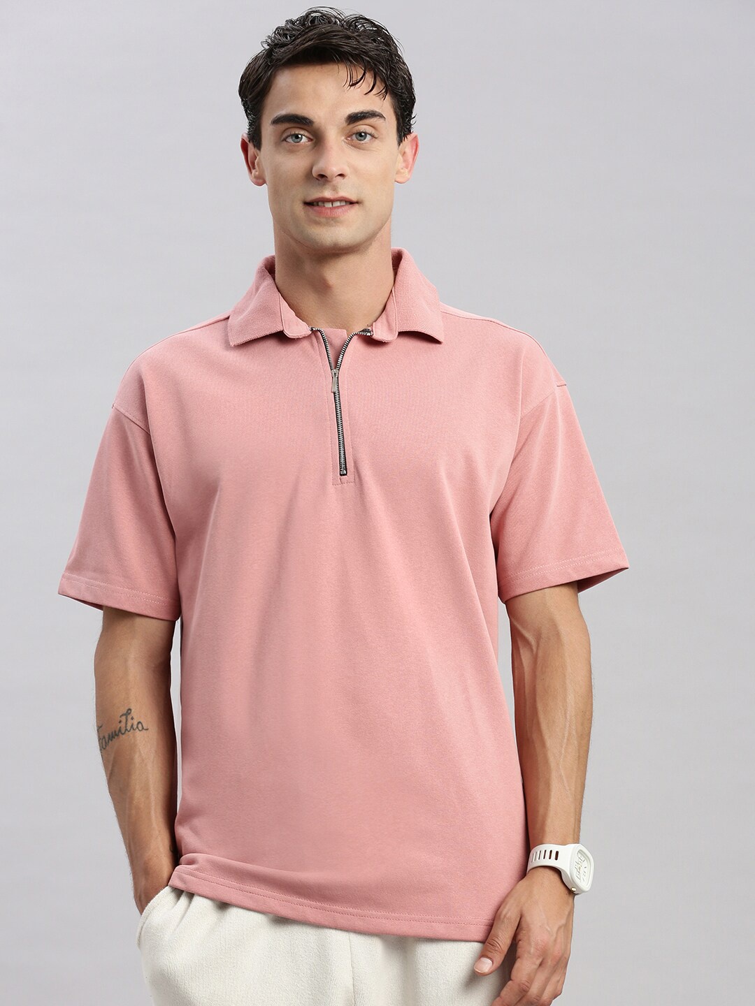 

MADSTO Polo Collar Drop-Shoulder Sleeves Cotton Oversized T-shirt, Pink