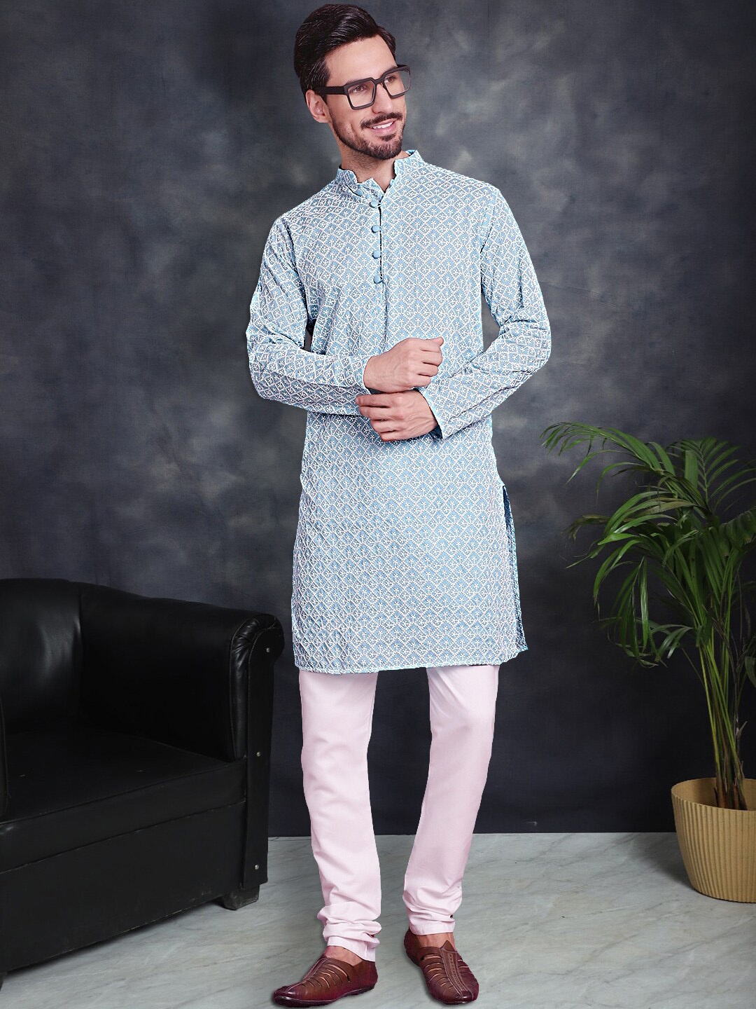 

Jompers Ethnic Motifs Embroidered Pure Cotton Chikankari Kurta With Churidar, Turquoise blue