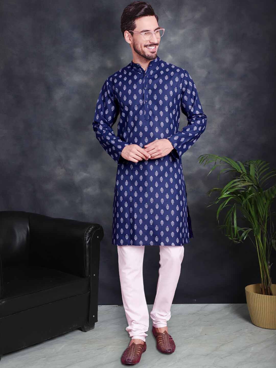 

Jompers Ethnic Motifs Printed Band Collar Straight Kurta With Churidar, Navy blue