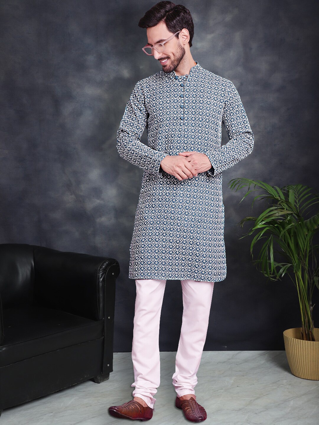 

Jompers Ethnic Motifs Embroidered Pure Cotton Chikankari Kurta With Churidar, Teal