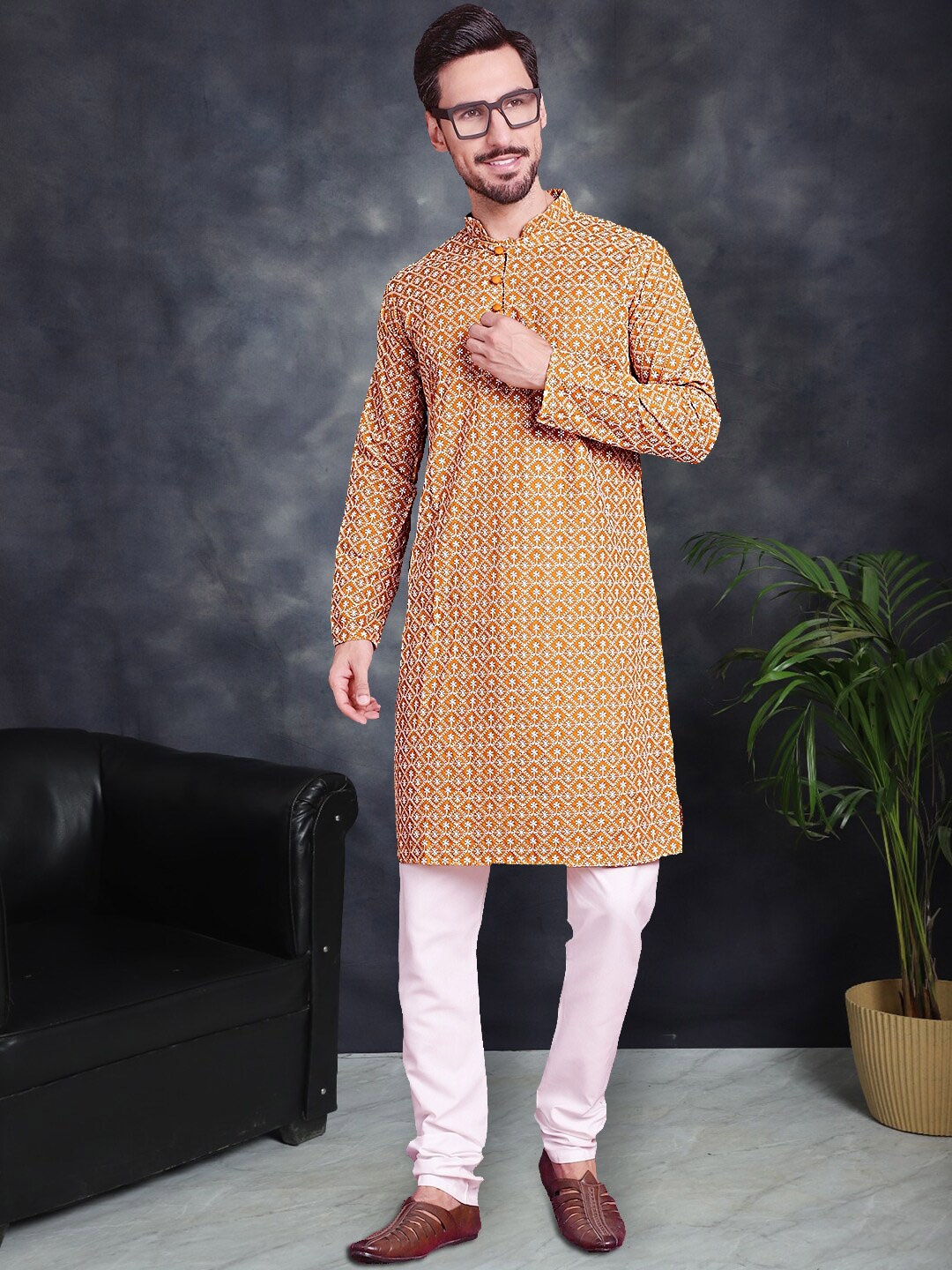 

Jompers Floral Embroidered Mandarin Collar Chikankari Pure Cotton Kurta With Churidar, Mustard