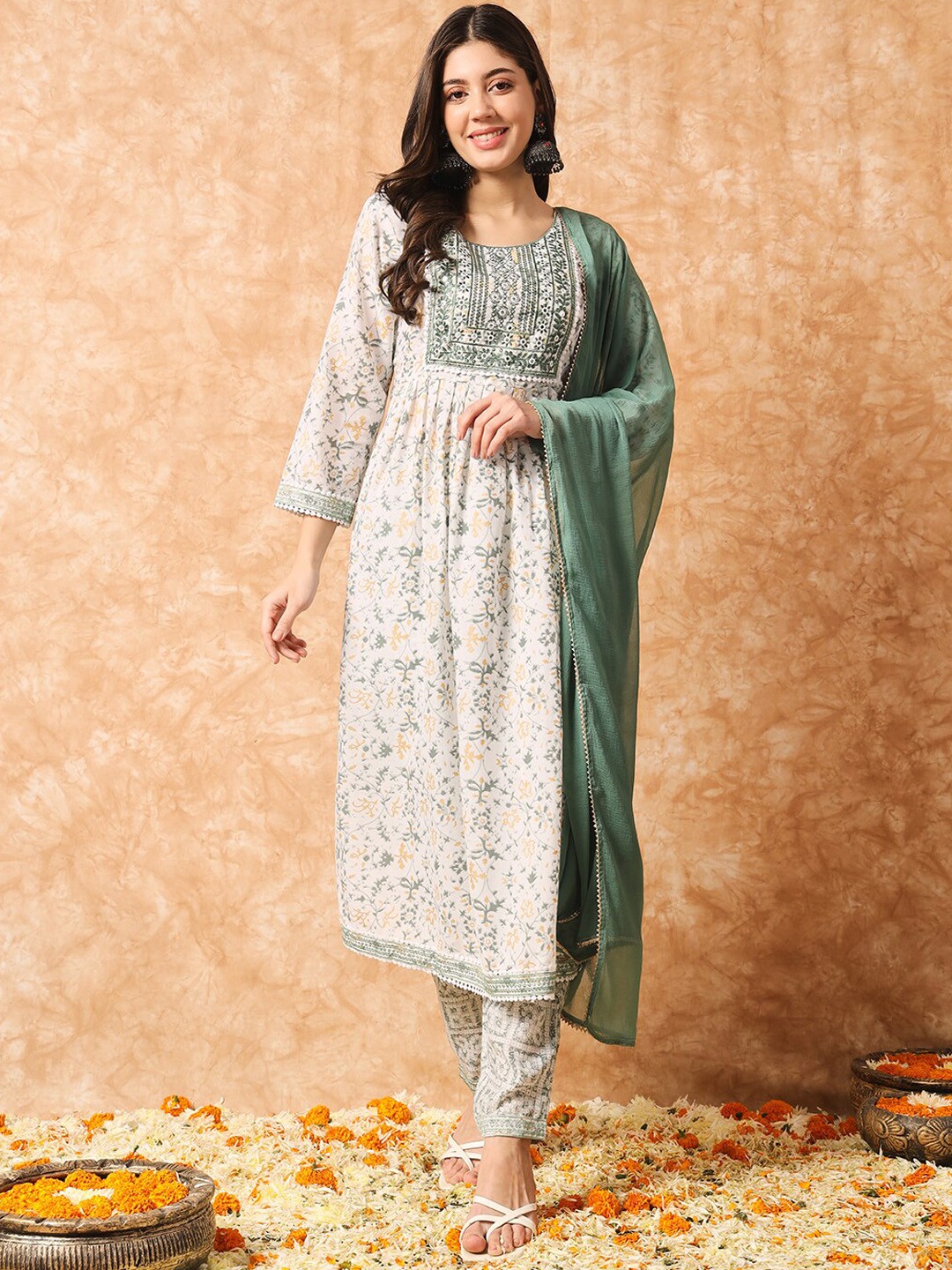 

KALINI Floral Printed Empire Thread Work Pure Cotton Kurta with Trousers & Dupatta, Green