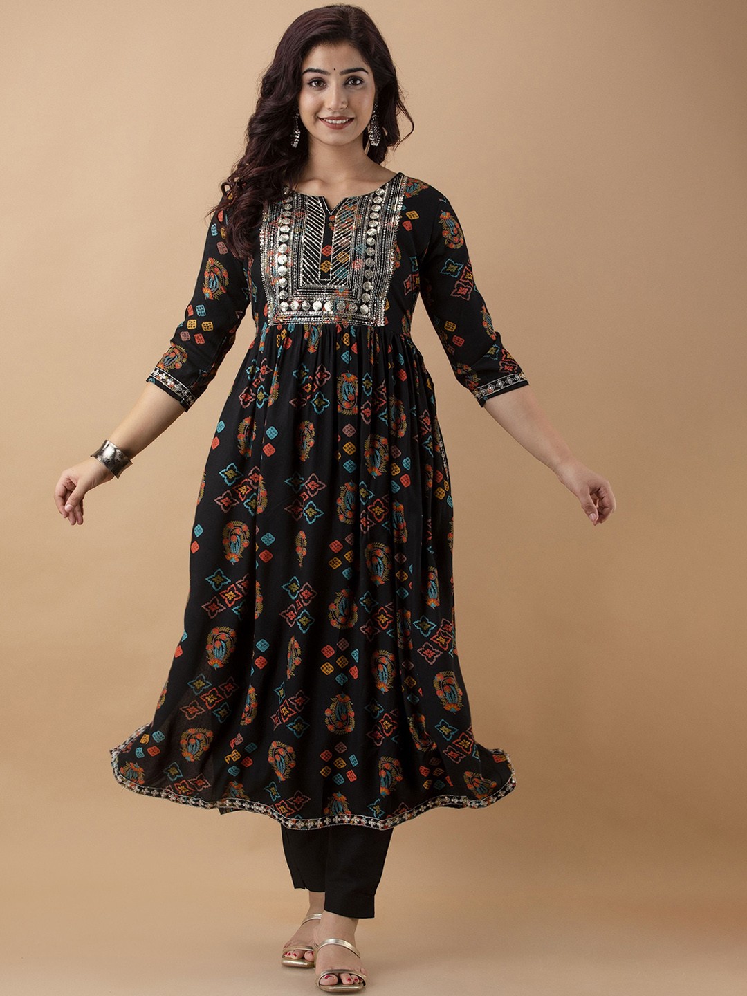 

KALINI Floral Embroidered Empire Sequinned Kurta with Trousers & Dupatta, Black