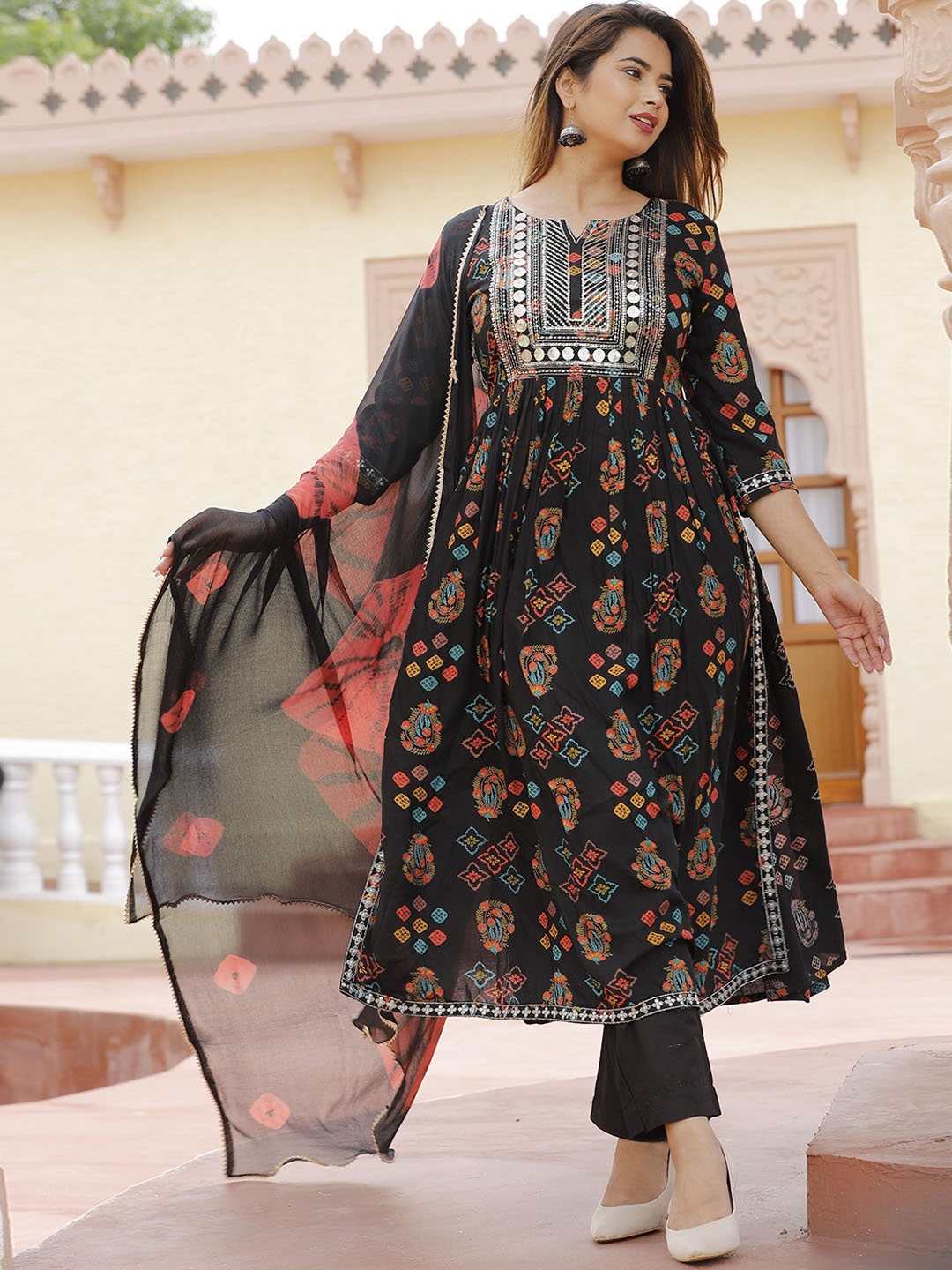 

KALINI Floral Printed Empire Sequinned Kurta with Trousers & Dupatta, Black