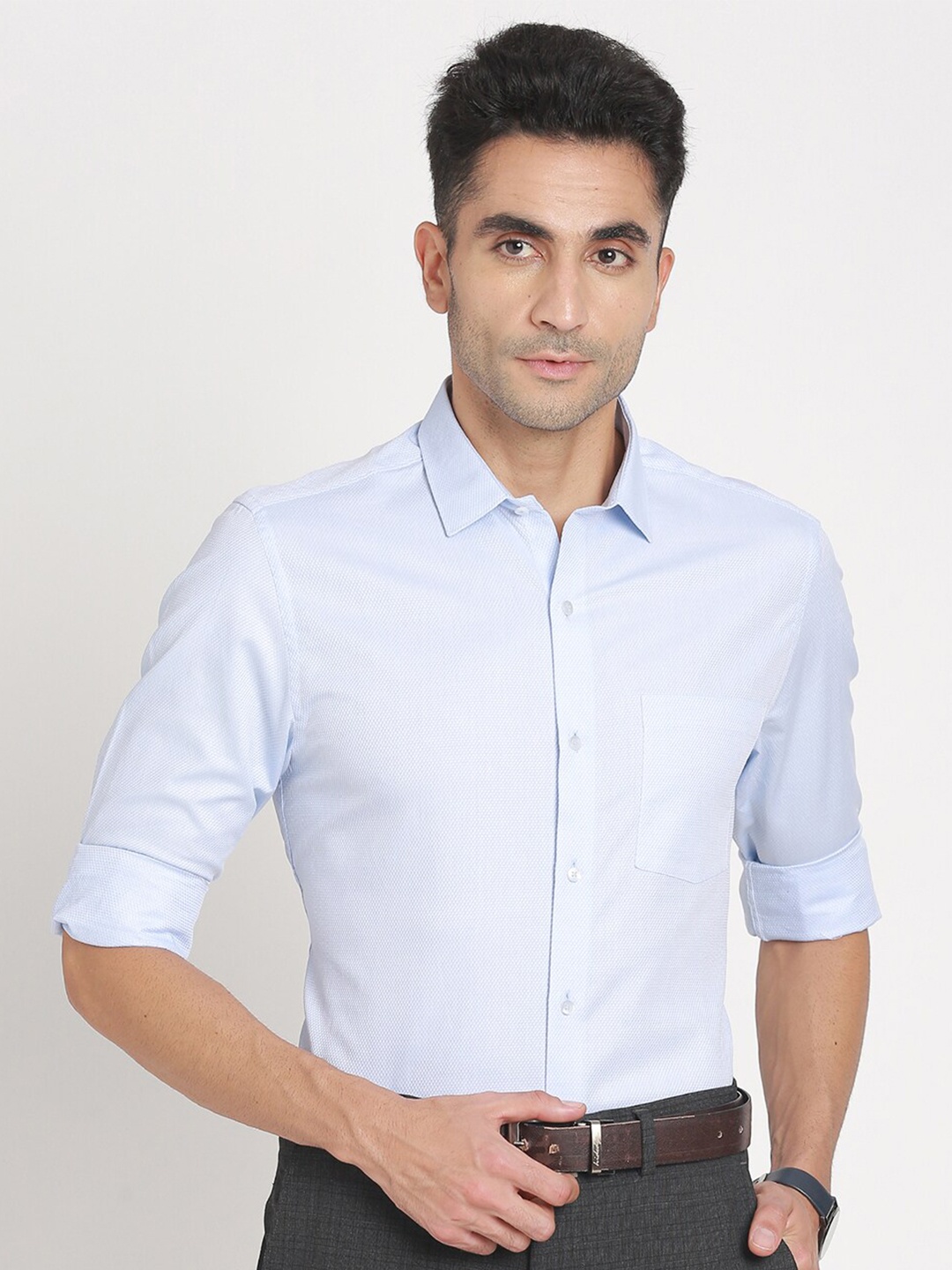 

Turtle Textured Standard Slim Fit Cotton Opaque Formal Shirt, Blue