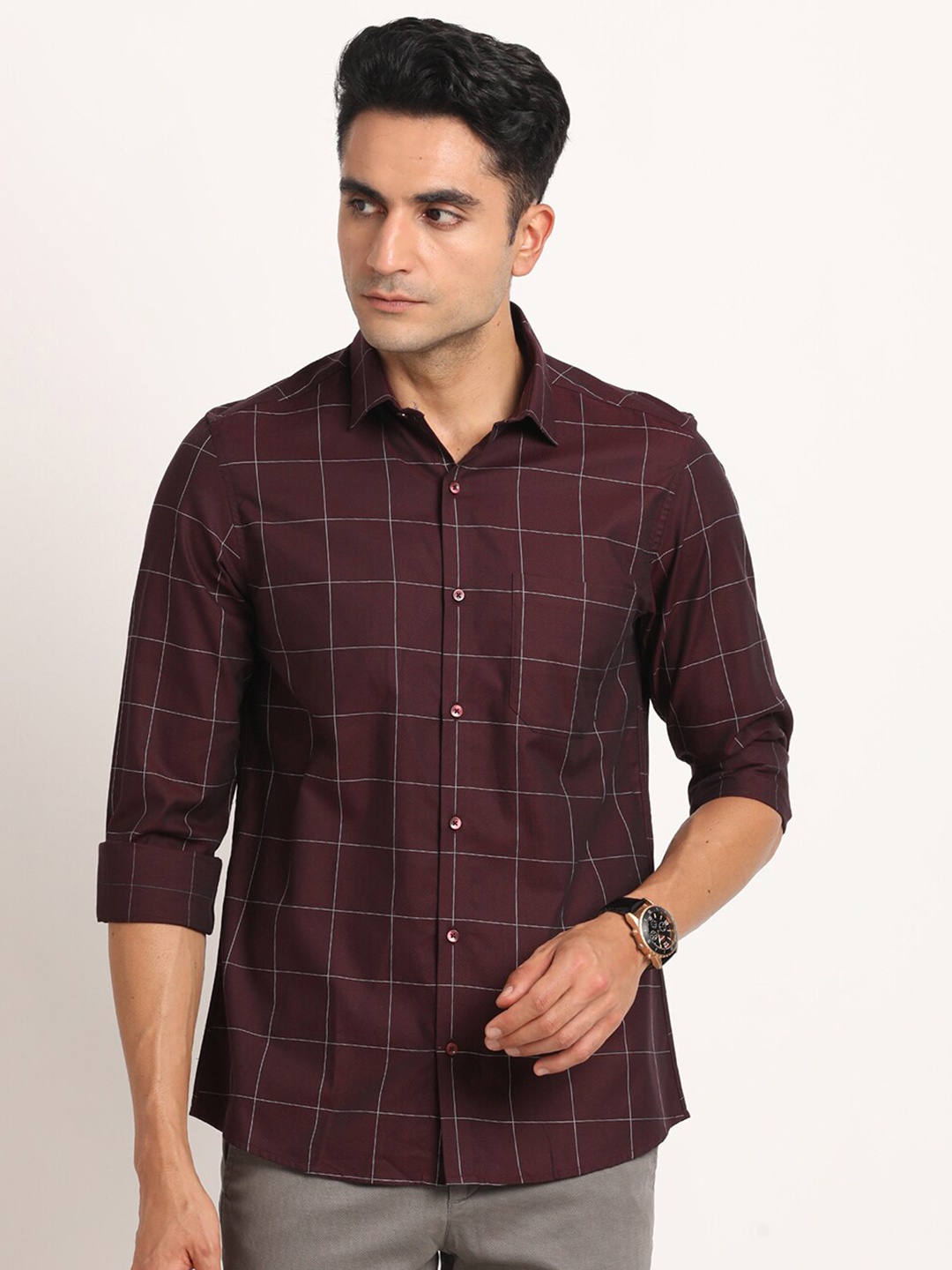 

Turtle Windowpane Checked Standard Slim Fit Cotton Opaque Casual Shirt, Maroon