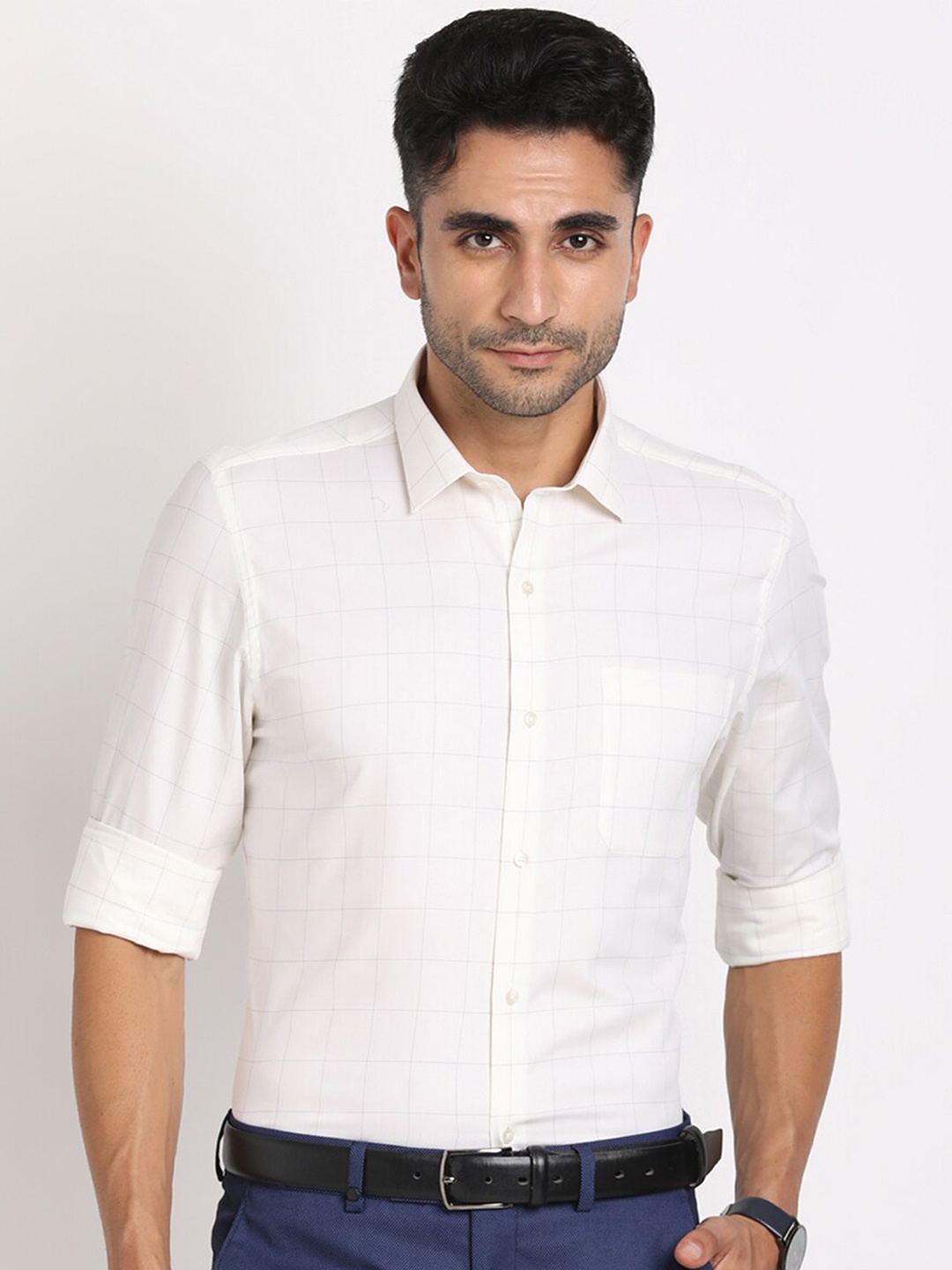

Turtle Grid Tattersall Checked Standard Slim Fit Cotton Opaque Formal Shirt, White