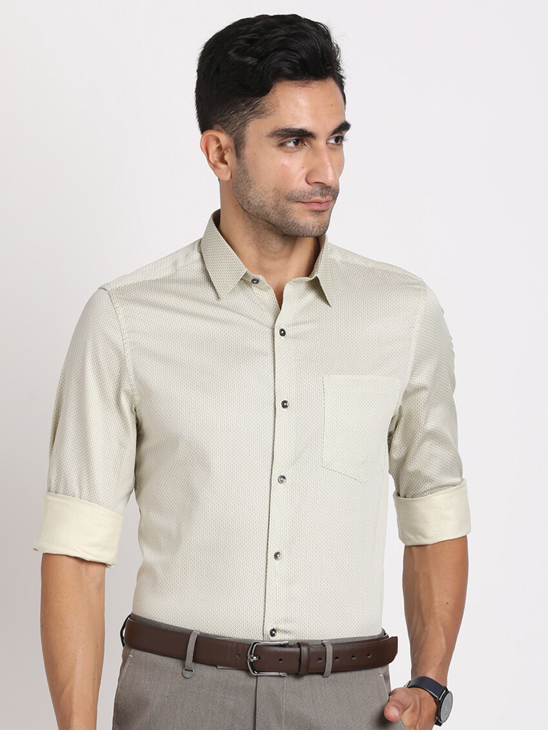 

Turtle Micro Ditsy Printed Standard Slim Fit Cotton Opaque Formal Shirt, Beige