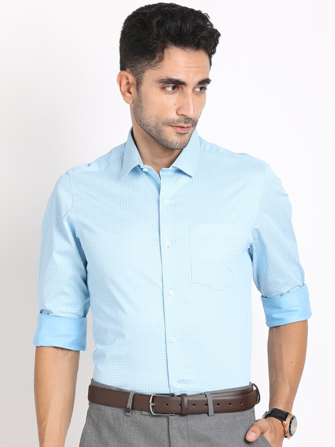 

Turtle Checked Standard Slim Fit Cotton Opaque Formal Shirt, Blue