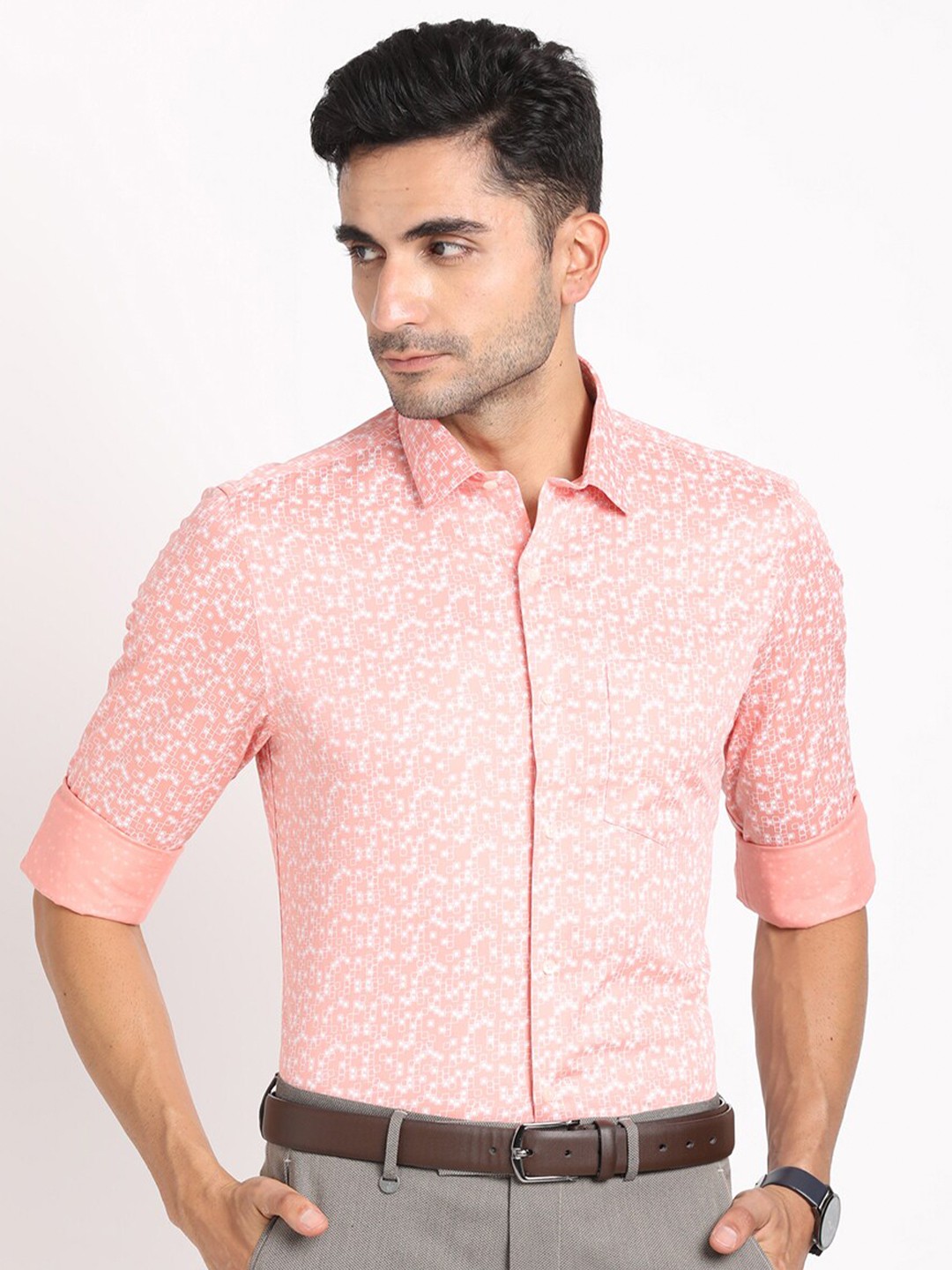 

Turtle Standard Slim Fit Floral Printed Pure Cotton Formal Shirt, Pink