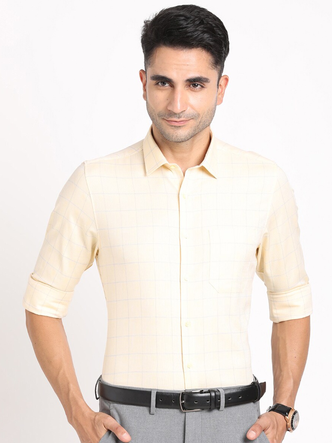 

Turtle Standard Slim Fit Checked Pure Cotton Formal Shirt, Beige