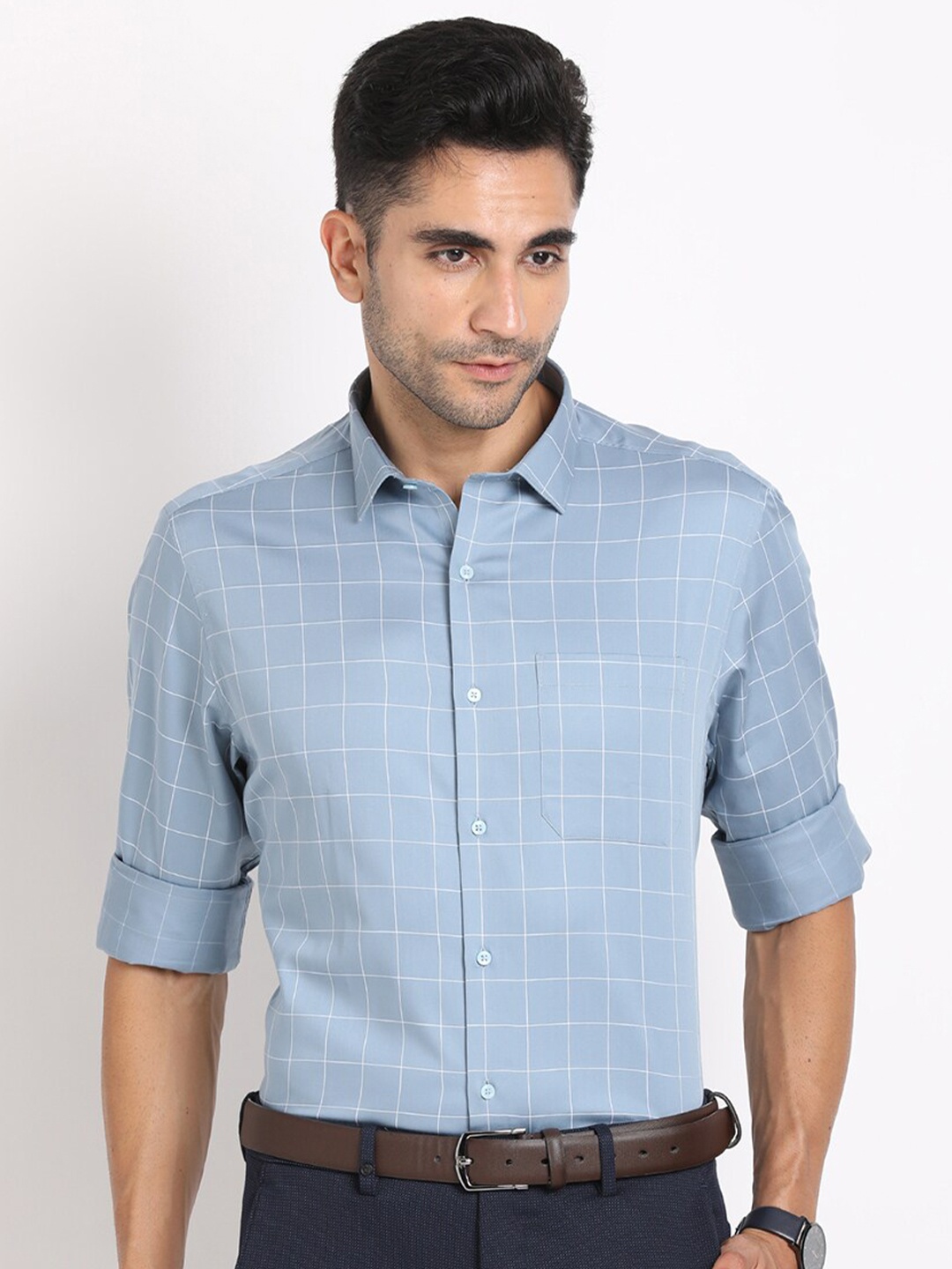 

Turtle Standard Slim Fit Checked Pure Cotton Formal Shirt, Blue