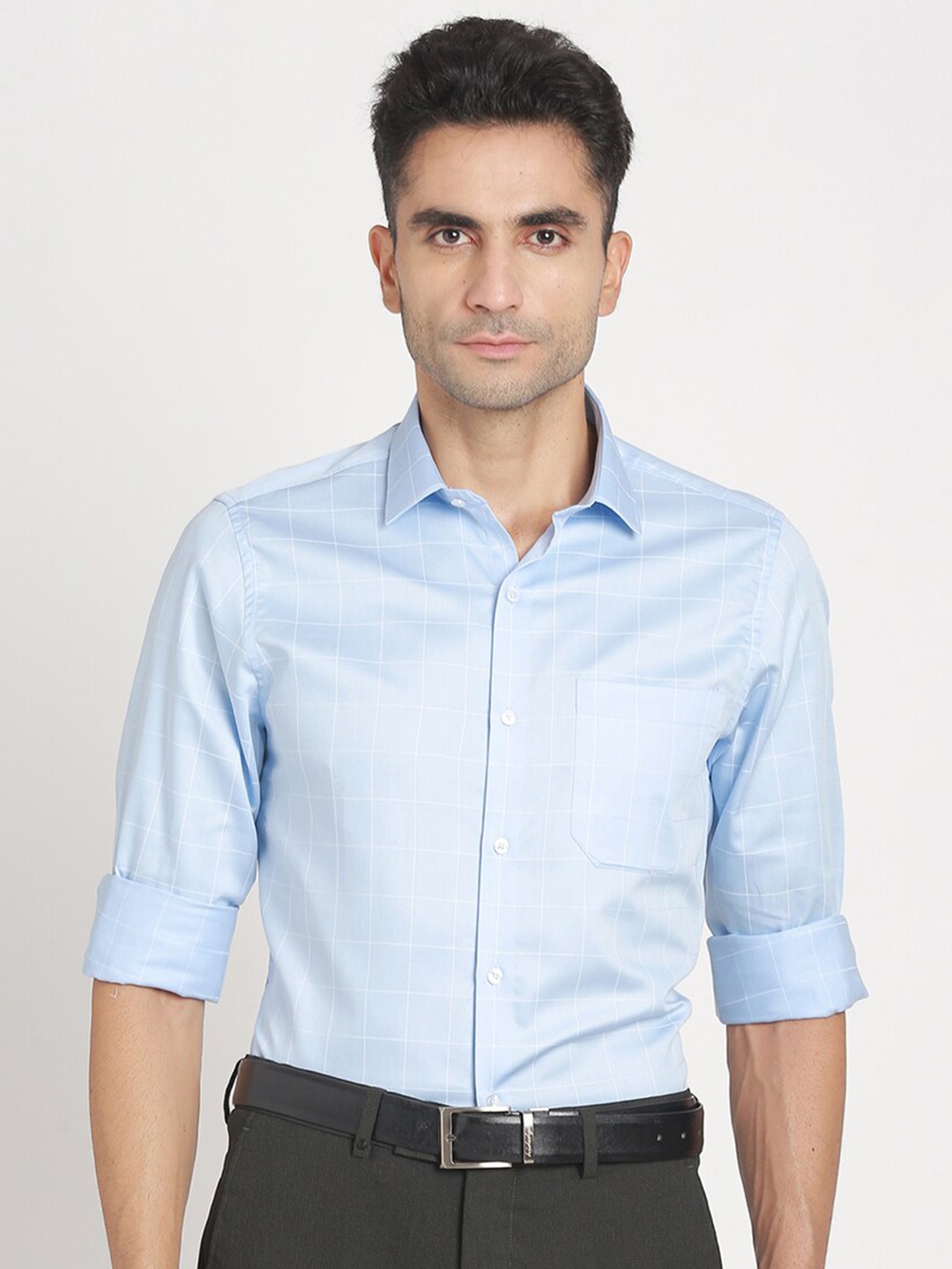 

Turtle Standard Slim Fit Checked Pure Cotton Formal Shirt, Blue