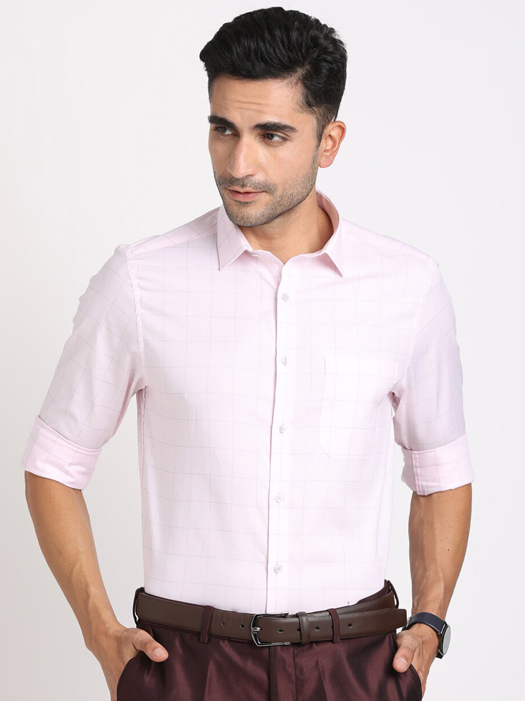

Turtle Standard Slim Fit Checked Pure Cotton Formal Shirt, Pink
