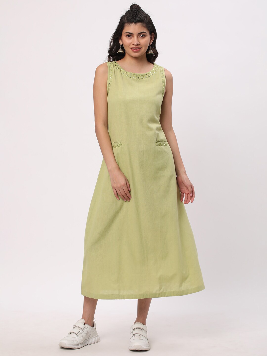 

R&B Sleeveless Cotton A-Line Midi Dress, Lime green