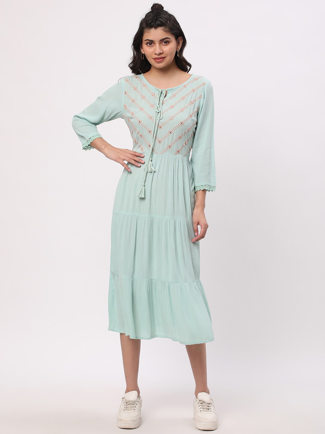 

R&B Floral Embroidered Tie Up Neck Fit & Flare Midi Dress, Green
