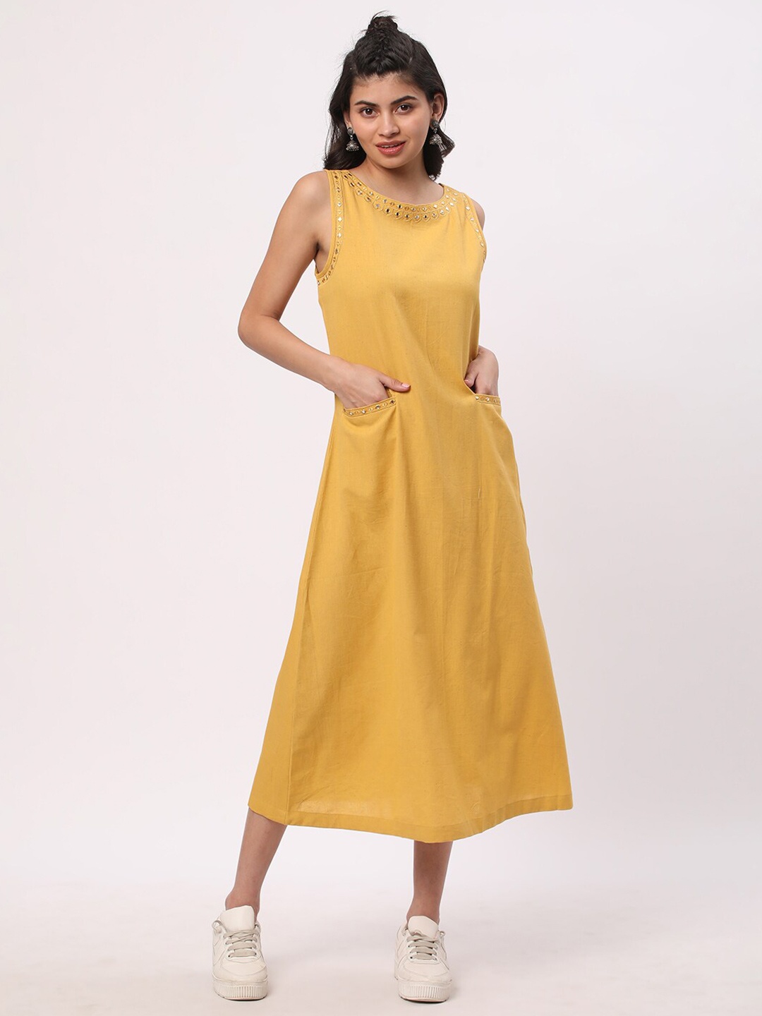 

R&B Sleeveless Cotton A-Line Midi Dress, Mustard