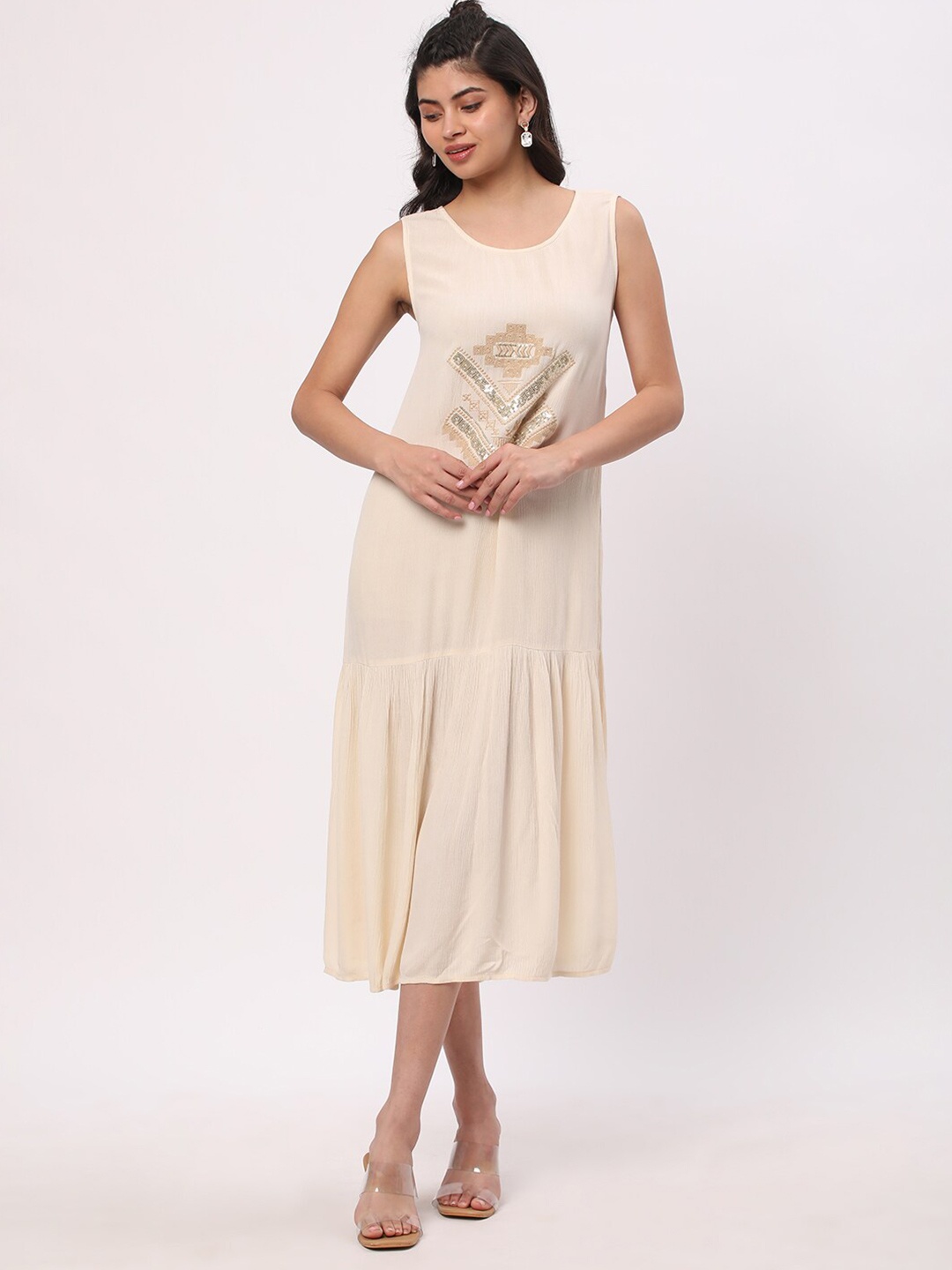 

R&B Embroidered A-Line Midi Dress, Beige