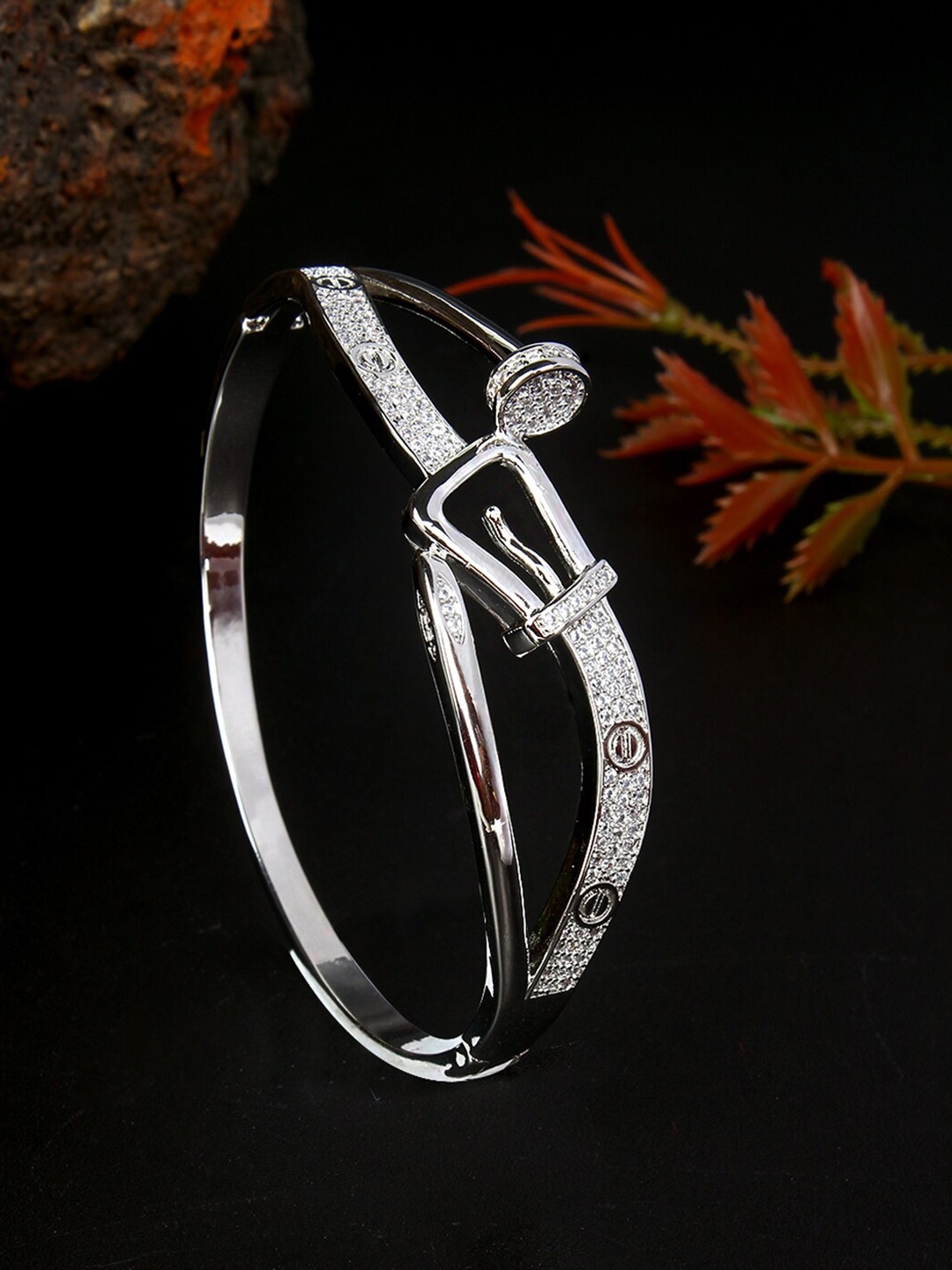 

DressBerry White Women Brass Cubic Zirconia Silver-Plated Bangle-Style Bracelet