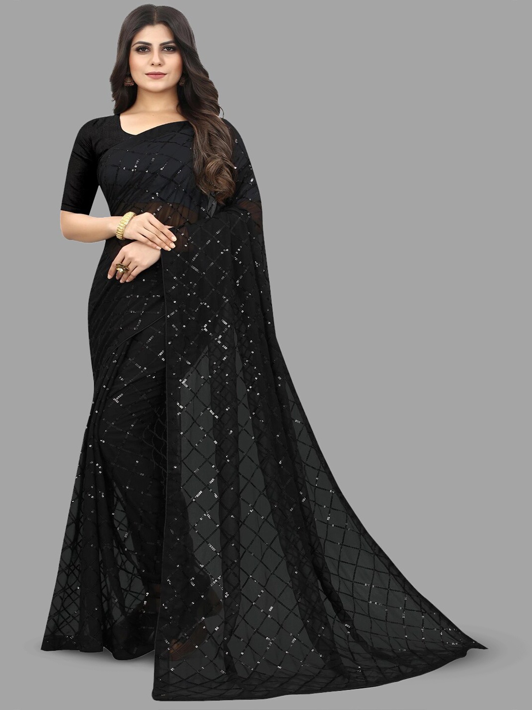 

B Bella Creation Embellished Sequinned Detailed Pure Georgette Saree, Black