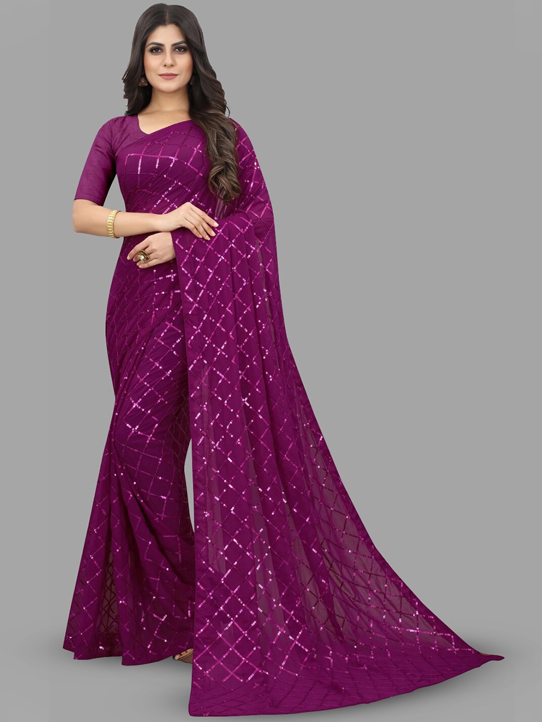 

B Bella Creation Embellished Sequinned Detailed Pure Georgette Saree, Purple