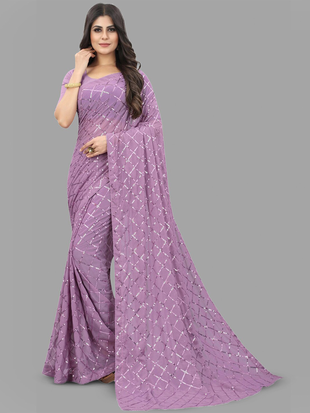 

B Bella Creation Embellished Sequinned Detailed Pure Georgette Saree, Purple