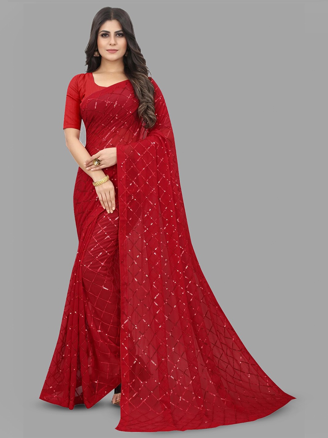 

B Bella Creation Embellished Sequinned Detailed Pure Georgette Saree, Red