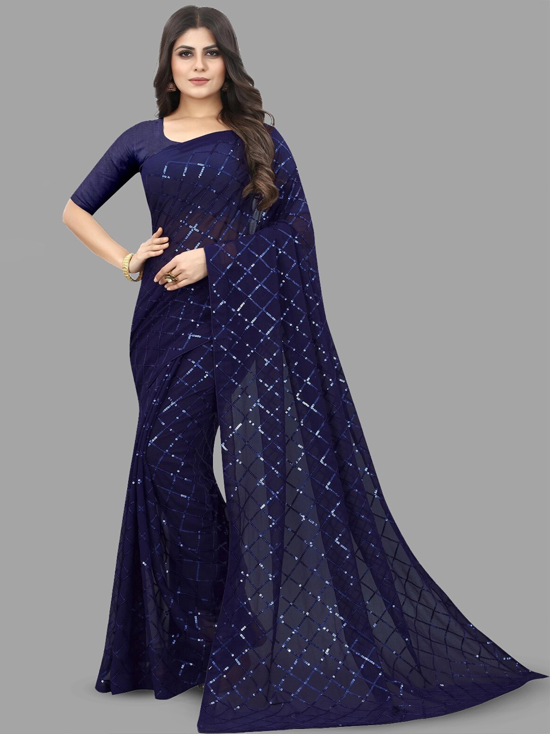

B Bella Creation Checked Sequinned Pure Georgette Saree, Navy blue