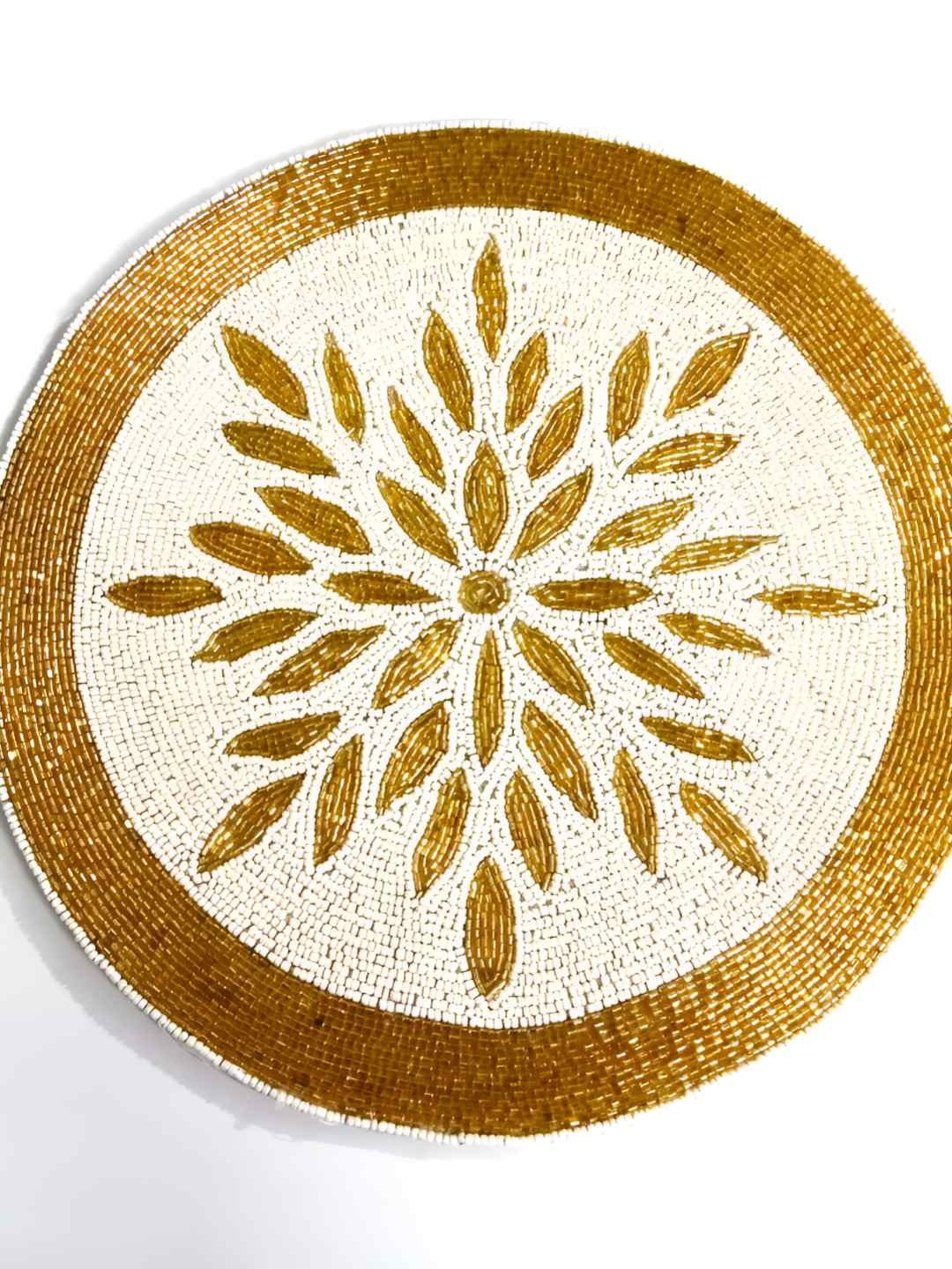 

PURINA'S White & Gold-Toned Floral Embroidered Dining Table Beaded Placemat