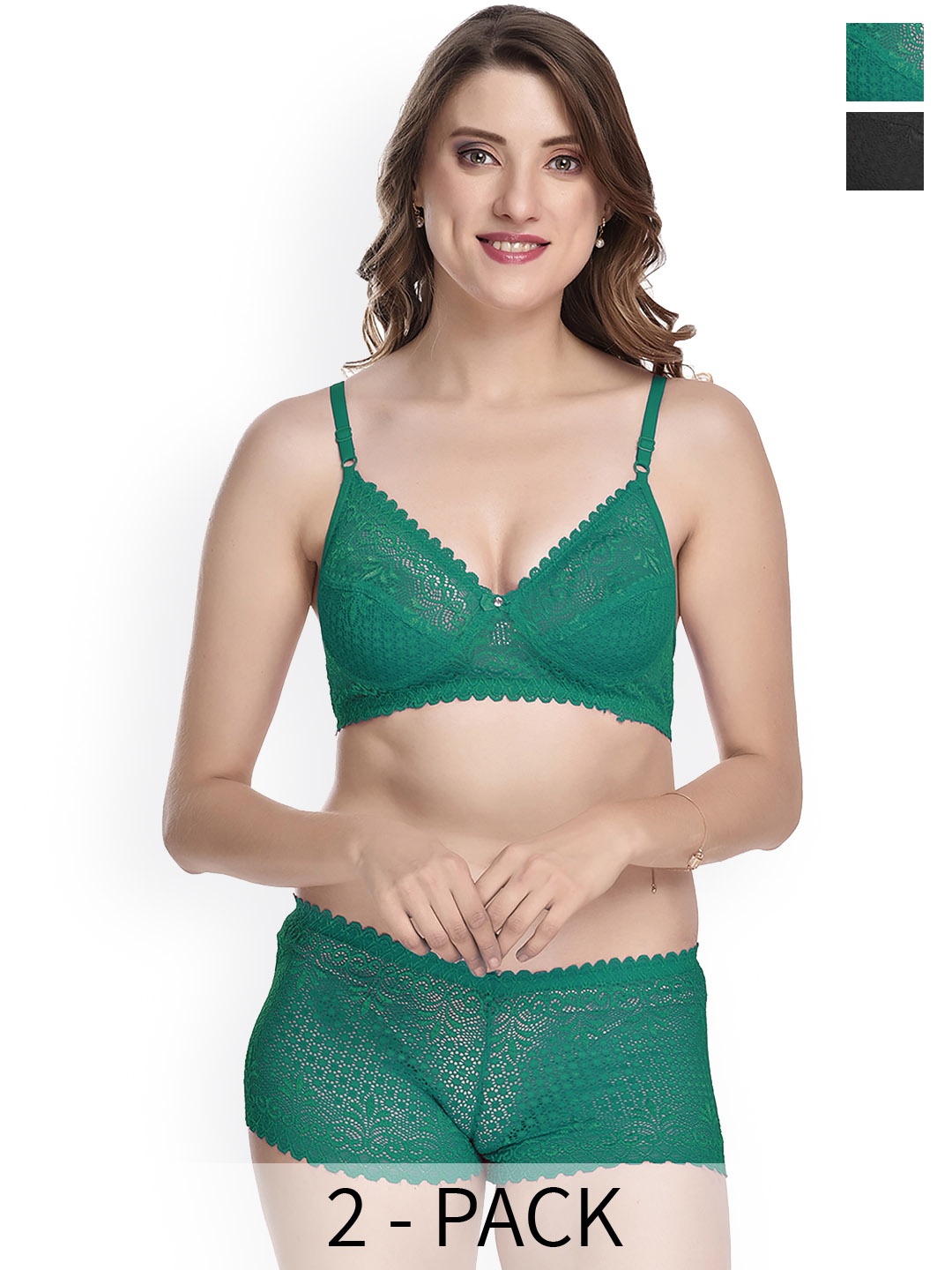 

AROUSY Pack Of 2 Self Design Cotton Non Padded Lingerie Set, Green
