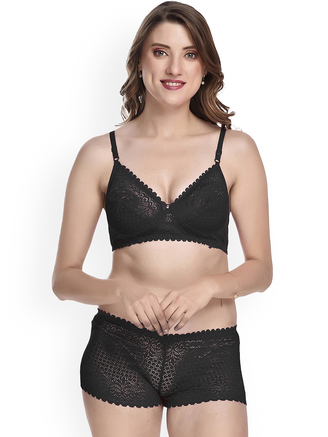 

AROUSY Self-Design Cotton Boyshort Lingerie Set, Black