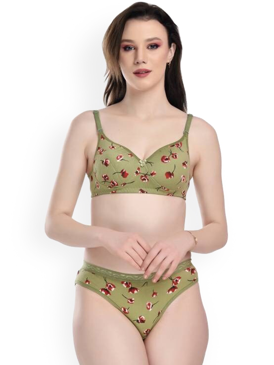 AROUSY Printed Cotton Lingerie Set, Green
