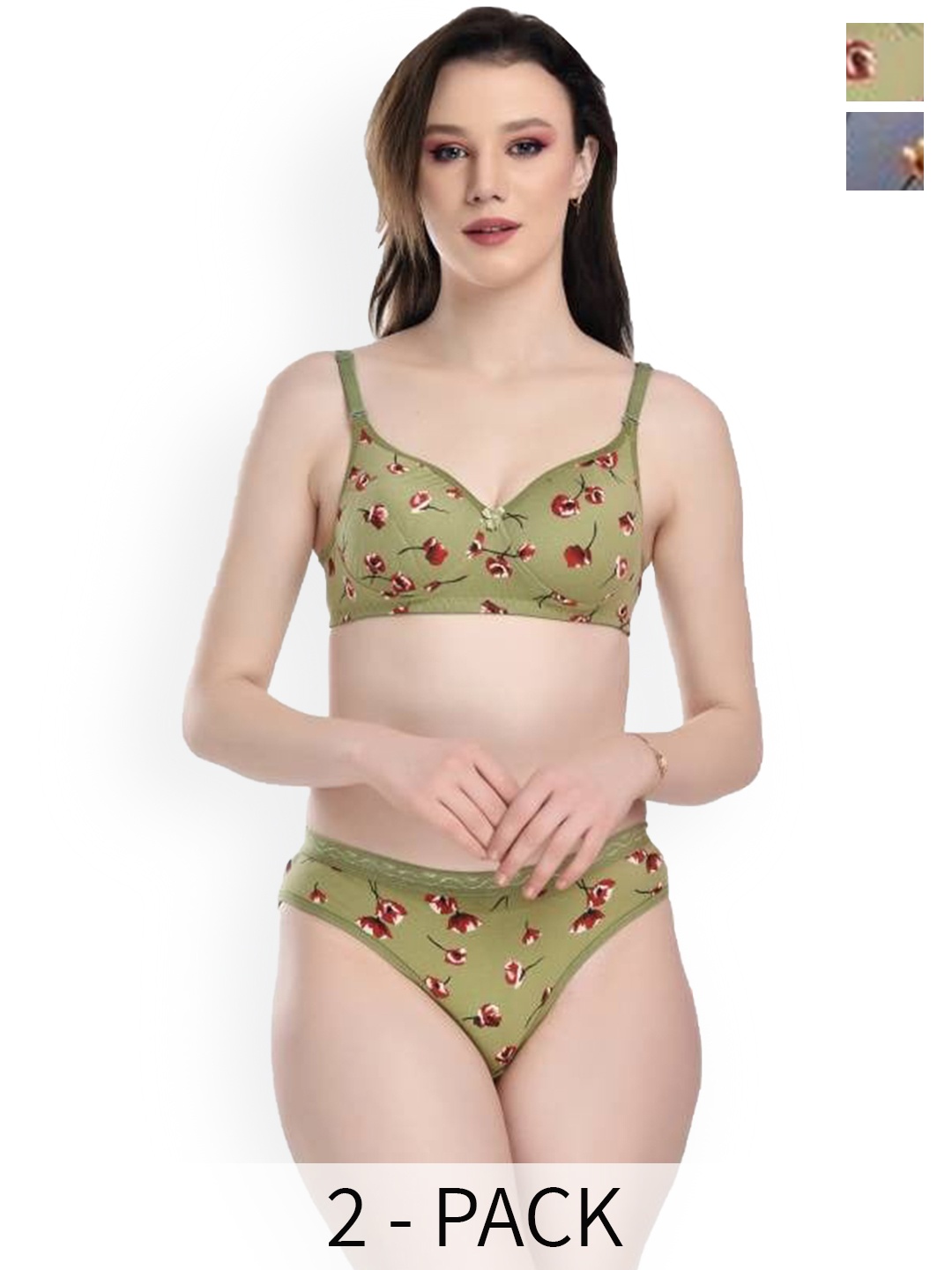 AROUSY Pack Of 2 Printed Cotton Non Padded Lingerie Set, Green