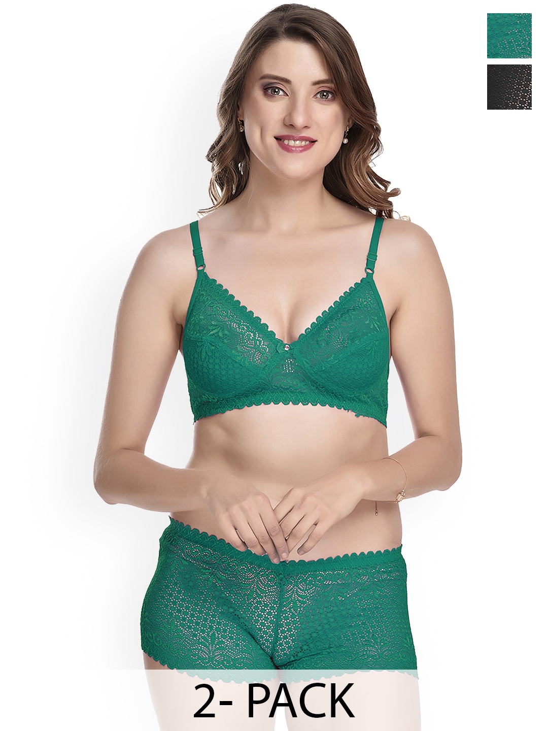 

AROUSY Pack of 2 Lace Detailed Cotton Lingerie Set AR_Net Set2, Green