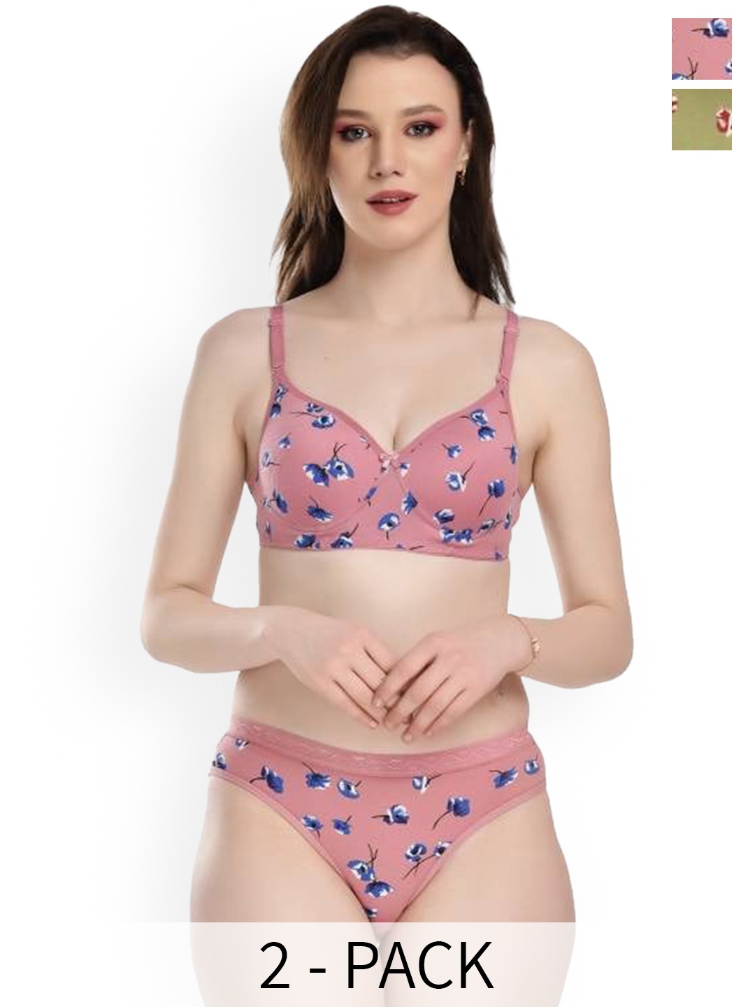 AROUSY Pack Of 2 Floral Printed Cotton Mid-Rise Lingerie Set, Pink