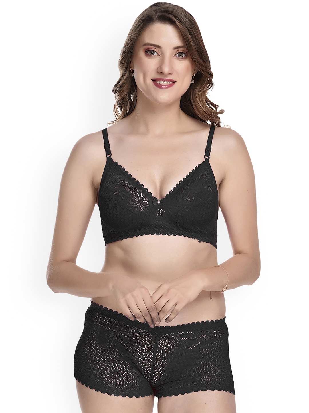 

AROUSY Self-Design Cotton Non-Padded Lingerie Set, Black