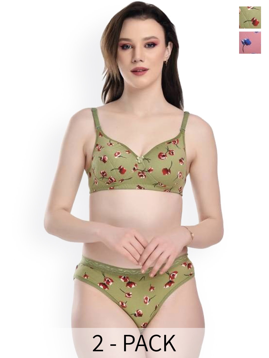 

AROUSY Pack Of 2 Floral Printed Cotton Mid-Rise Lingerie Set, Green