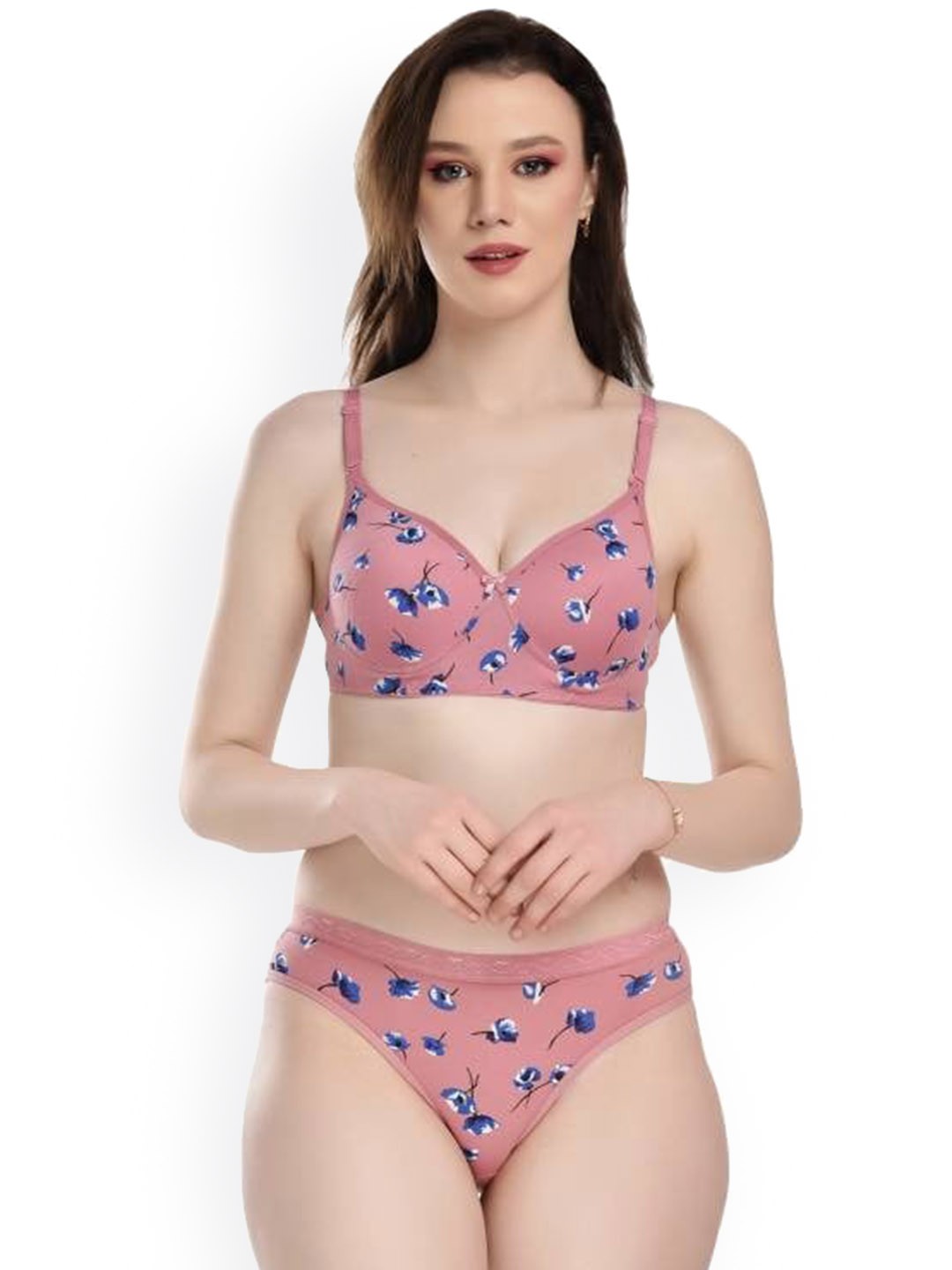 

AROUSY Floral Printed Cotton Non Padded Lingerie Set, Pink